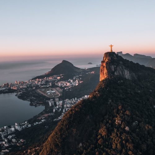 Aerial View of Christ de Redeemer Cristo Redentor during sunrise in Rio de Janeiro, Brazil. High quality photo