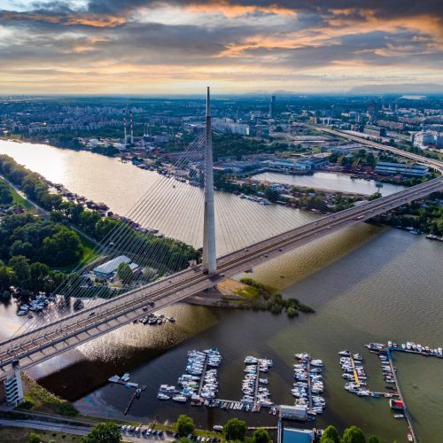 An aerial view of the Ada's bridge over Sava river. Belgrade, Serbia