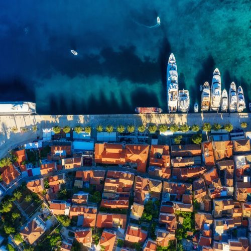 Dubrovnik, Croatia. Aerial view on the old town. Vacation and adventure. Town and sea. Top view from drone at on the old castle and azure sea. Travel - image