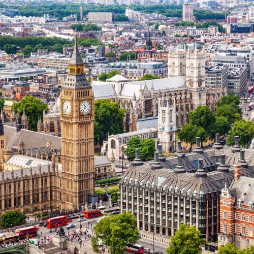 London aerial view of Big Ben and Westminster Abbey. City skyline