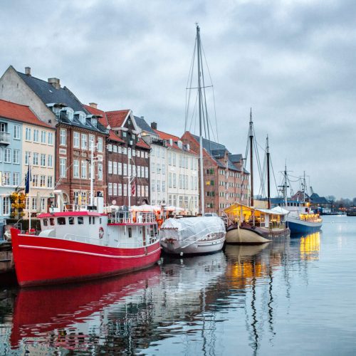 Night view of Nyhavn canal colorful houses