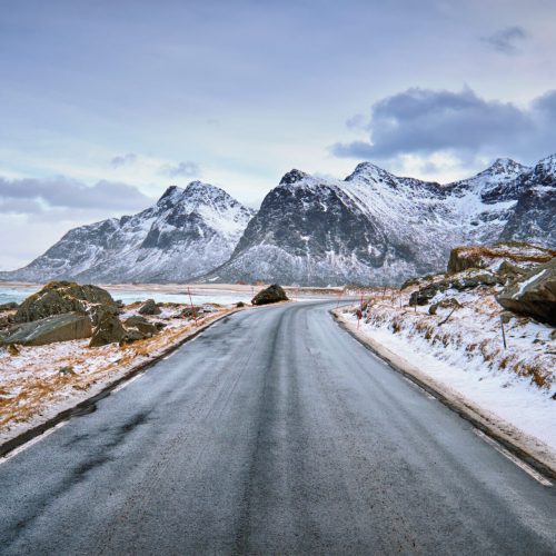 Road in Norwegian fjord. Lofoten islands, Norway